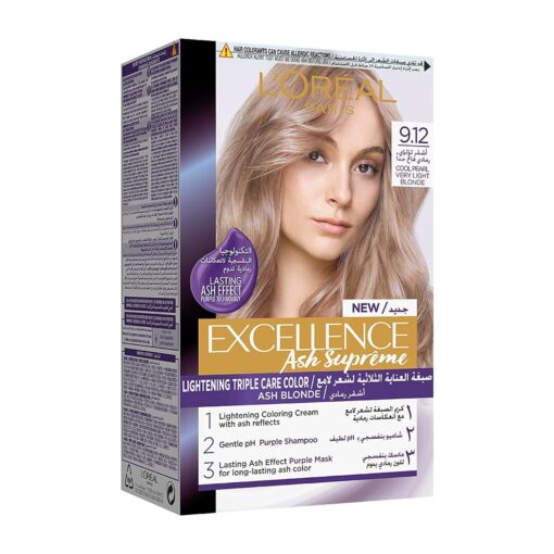 L'oreal paris excellence hair dye with purple shampoo and hair mask - 9.12 cool pearl very light blonde