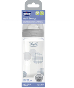 CHICCO GLASS BOTTLE WELL BEING SILICONE NIPPLE 0M+ 240ML